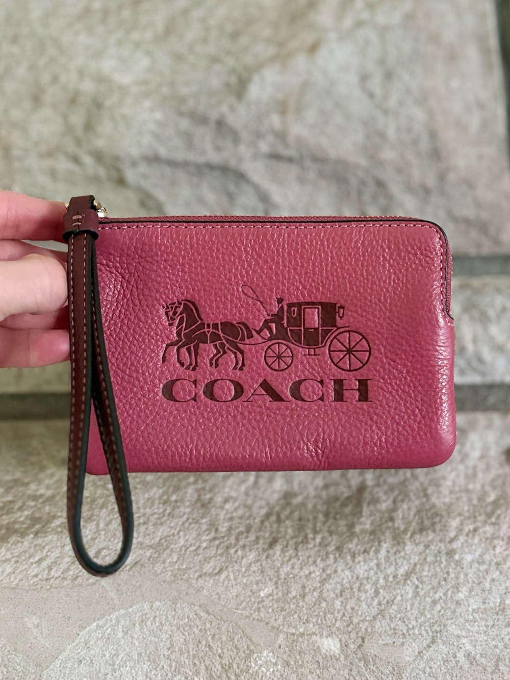 Coach Pebbled Leather Wristlet in Deep Berry with Dark Brown Strap